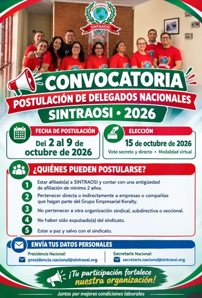 Convocatoria postulación de delegados nacionales SINTRAOSI 2026